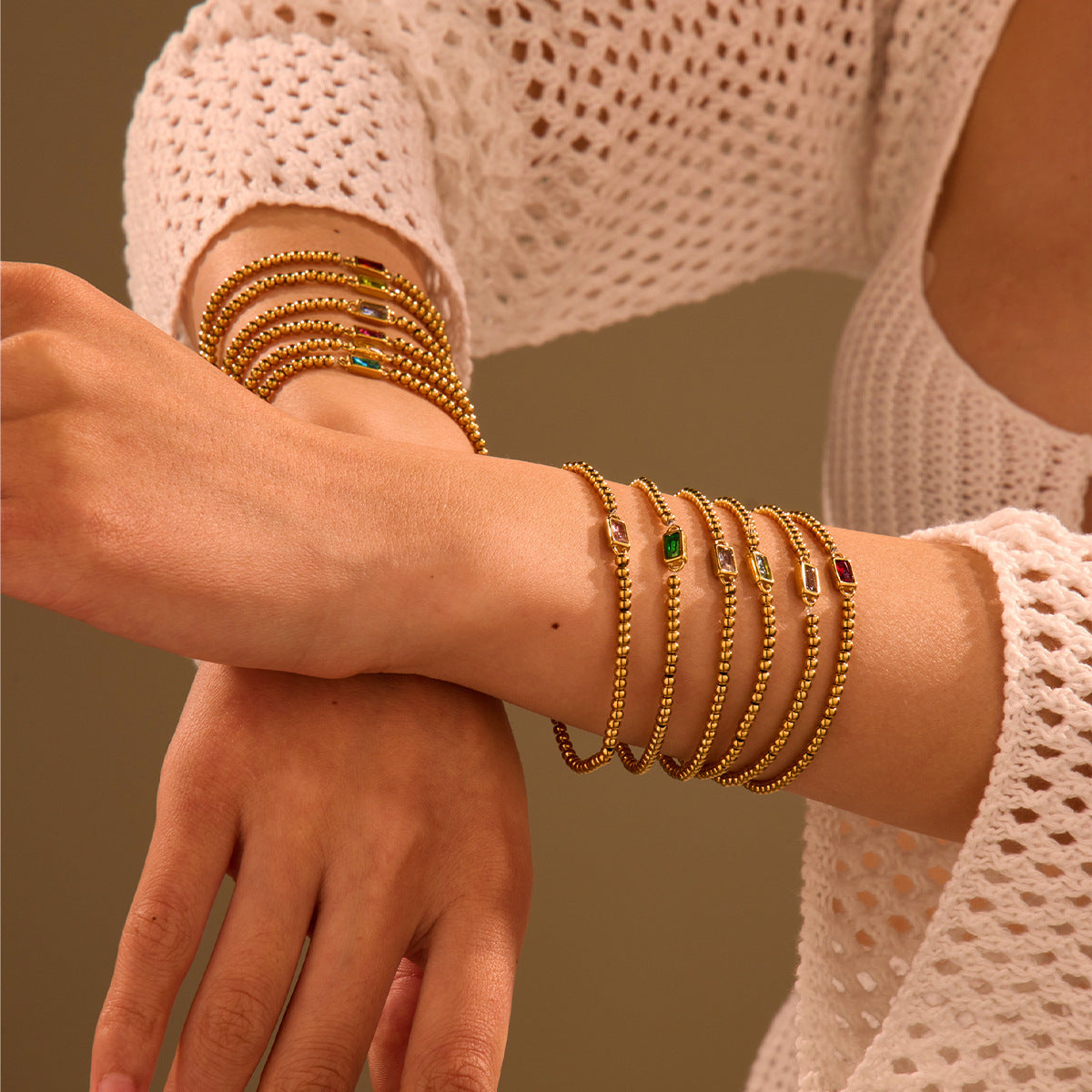 Fashionable OL Style Geometric Stainless Steel Beaded Bracelet with 18K Gold Plating and Colorful Zircon Birthstone Accents
