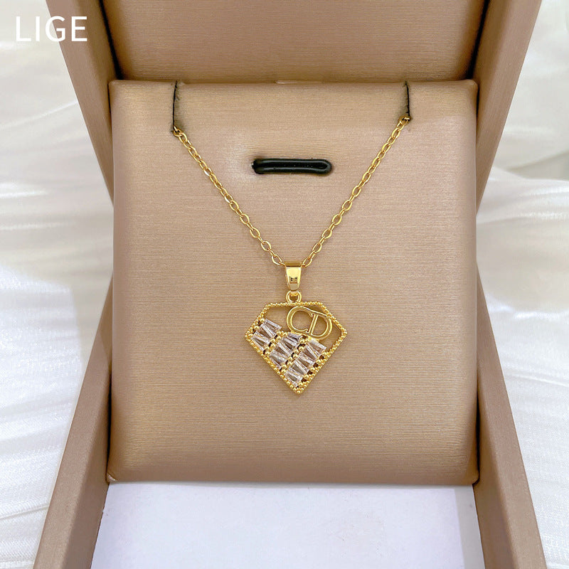 Geometric Heart CD Pendant Necklace for Women and Men Stainless Steel Snake Chain with Rhinestone Inlay Elegant Minimalist Locket Necklace
