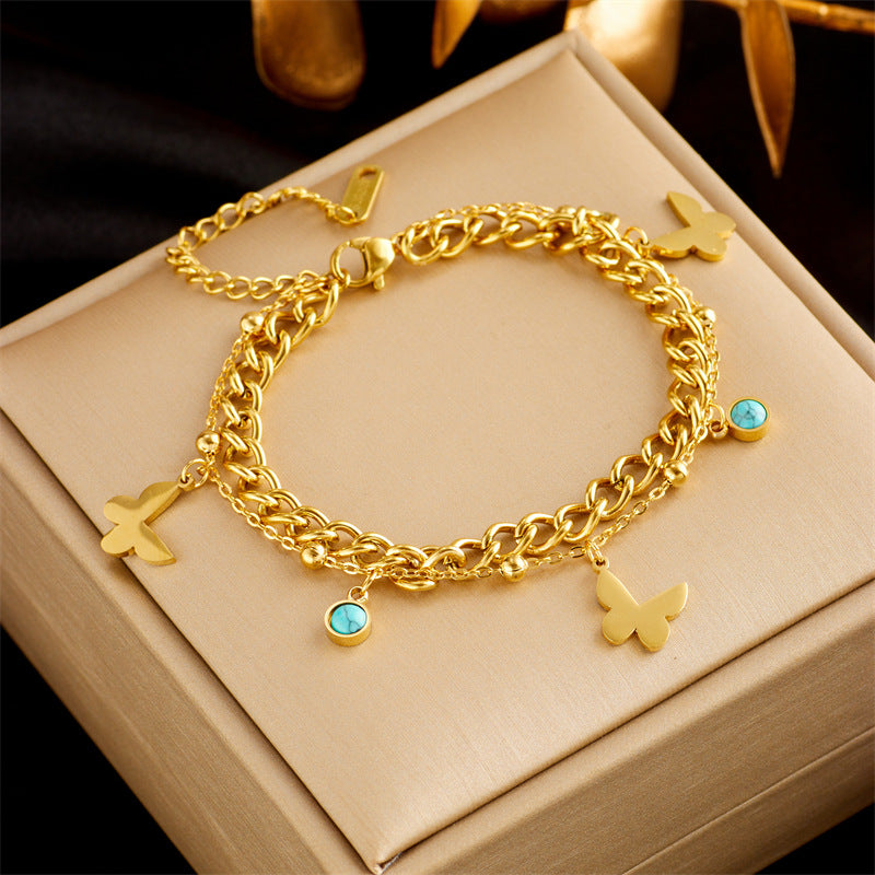 Minimalist Fashionable Stainless Steel Electroplated Round Pendant Bracelet with Rhinestone Accents Butterfly and Eye Motifs for Women