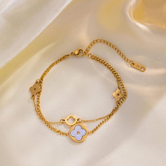 Minimalist Clover-Shaped Titanium Steel Bracelet with Hollow-Out Design and Hypoallergenic Electroplated Finish