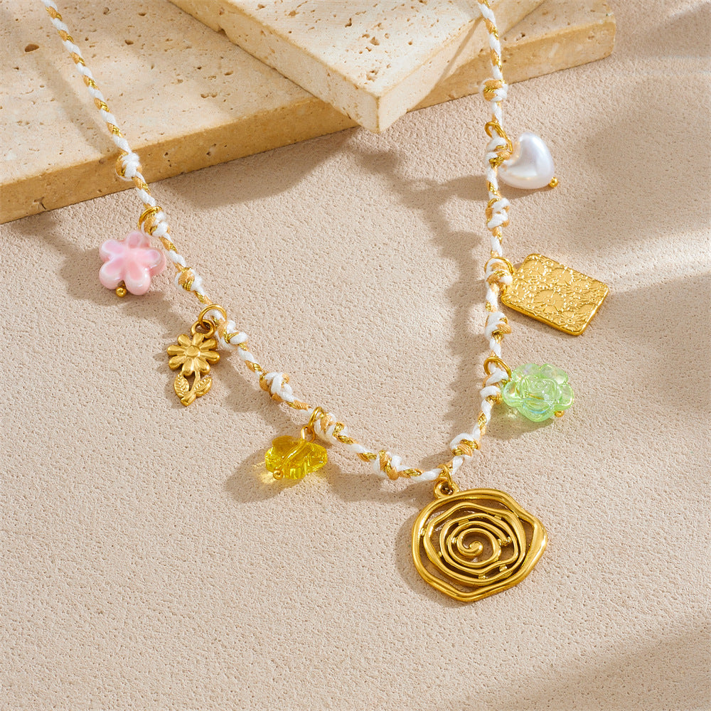 Sweet Gold Plated Stainless Steel Floral Heart Square Geometric Charm Bar Necklace for Women