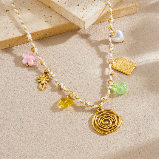 Sweet Gold Plated Stainless Steel Floral Heart Square Geometric Charm Bar Necklace for Women