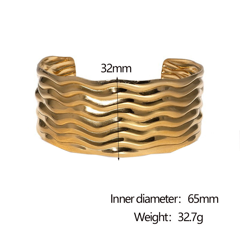 Minimalist 18K Gold Plated Stainless Steel Wavy Surface Open Cuff Bracelet