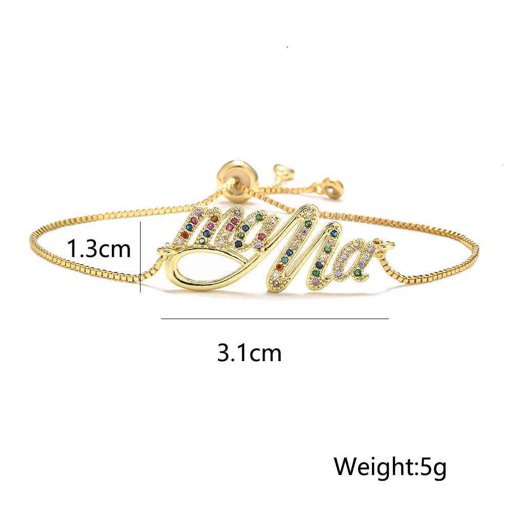 Bracciale da donna MAMA in stile geometrico, in ottone placcato oro con intarsio in zircone, con chiusura a coulisse