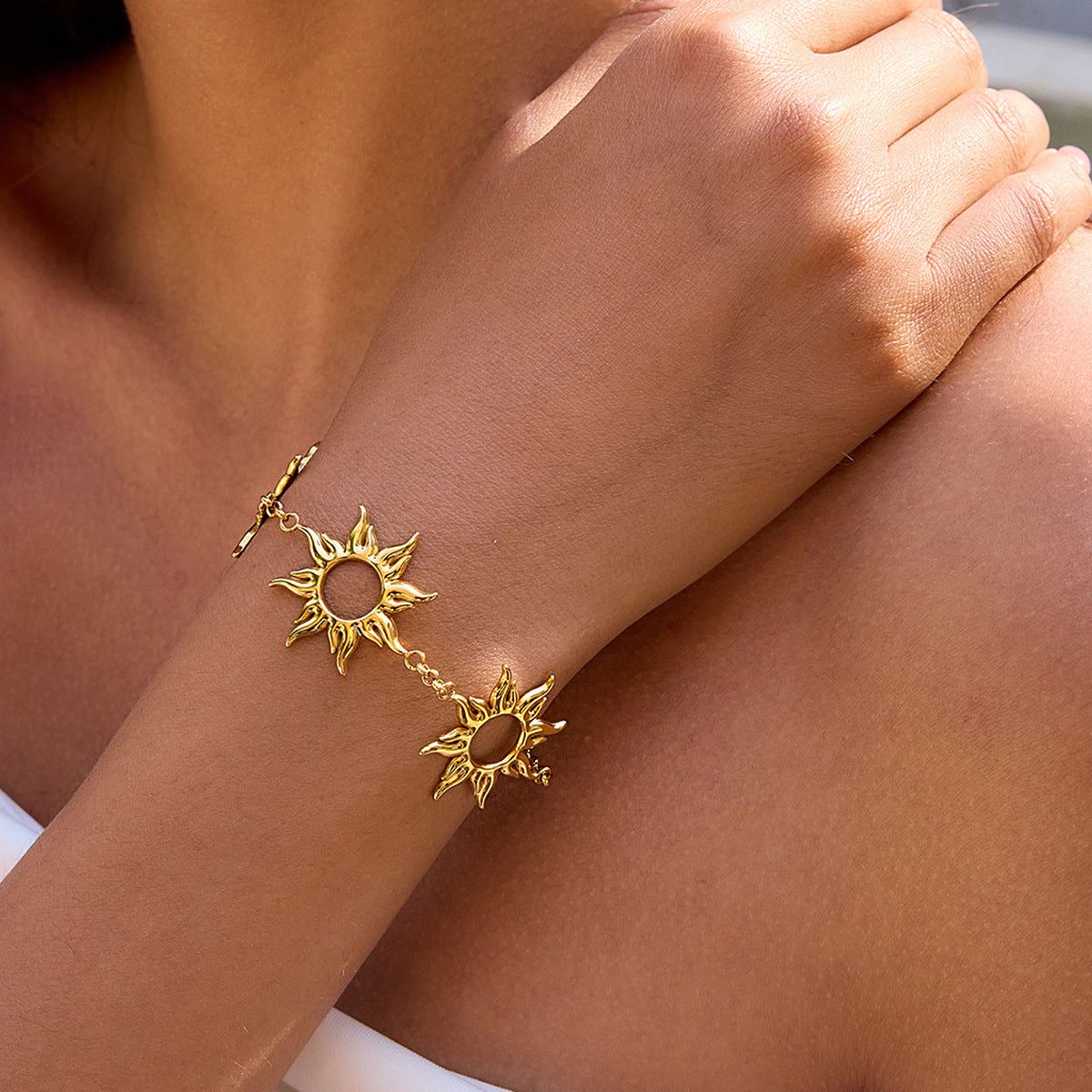 Minimalist Hollow Sun Star Moon Stainless Steel Titanium Steel Plated Bracelet and Earring Set for Women