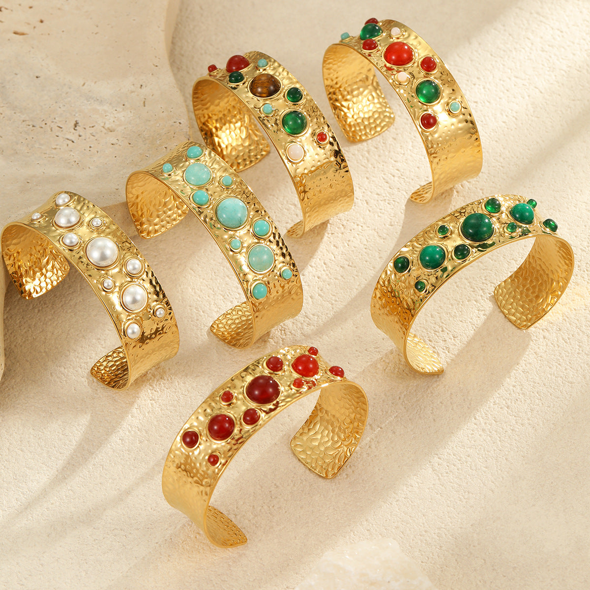 Vintage French Style Geometric Shaped Titanium Steel Bracelet with Colorful Natural Stones and Electroplated Finish for Women
