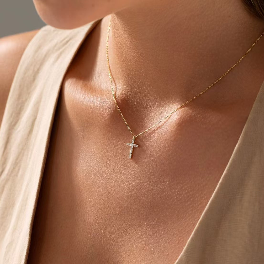 Classic Cross Pendant Necklace for Women in Copper with Zircon Inlay and Gold Plating on O-Chain