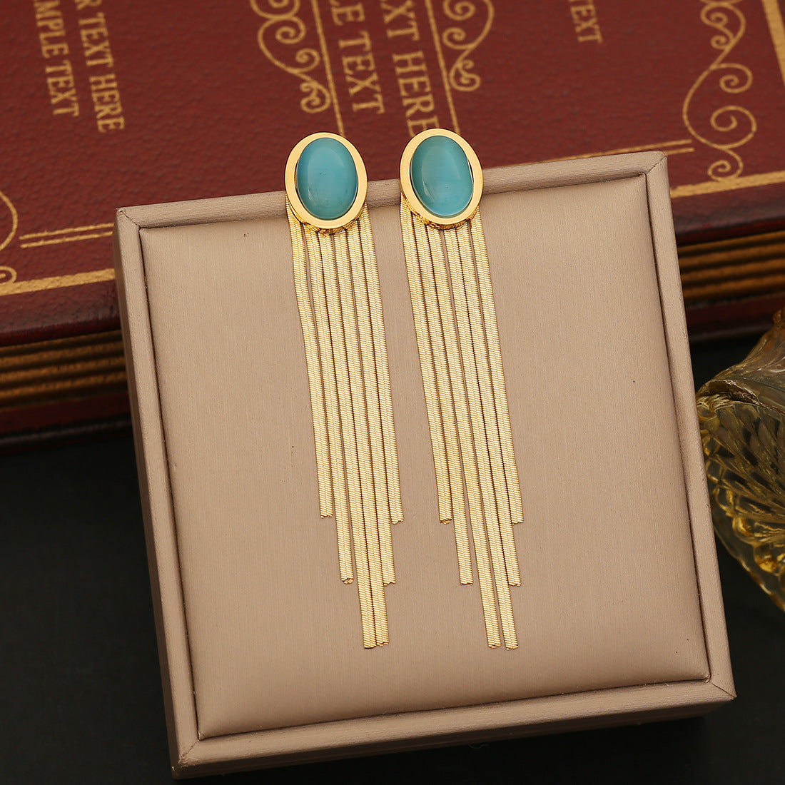 Vintage-Style Geometric Stainless Steel Earrings with Tassel and Pearl Accents Cat Eye Oval Design for Women