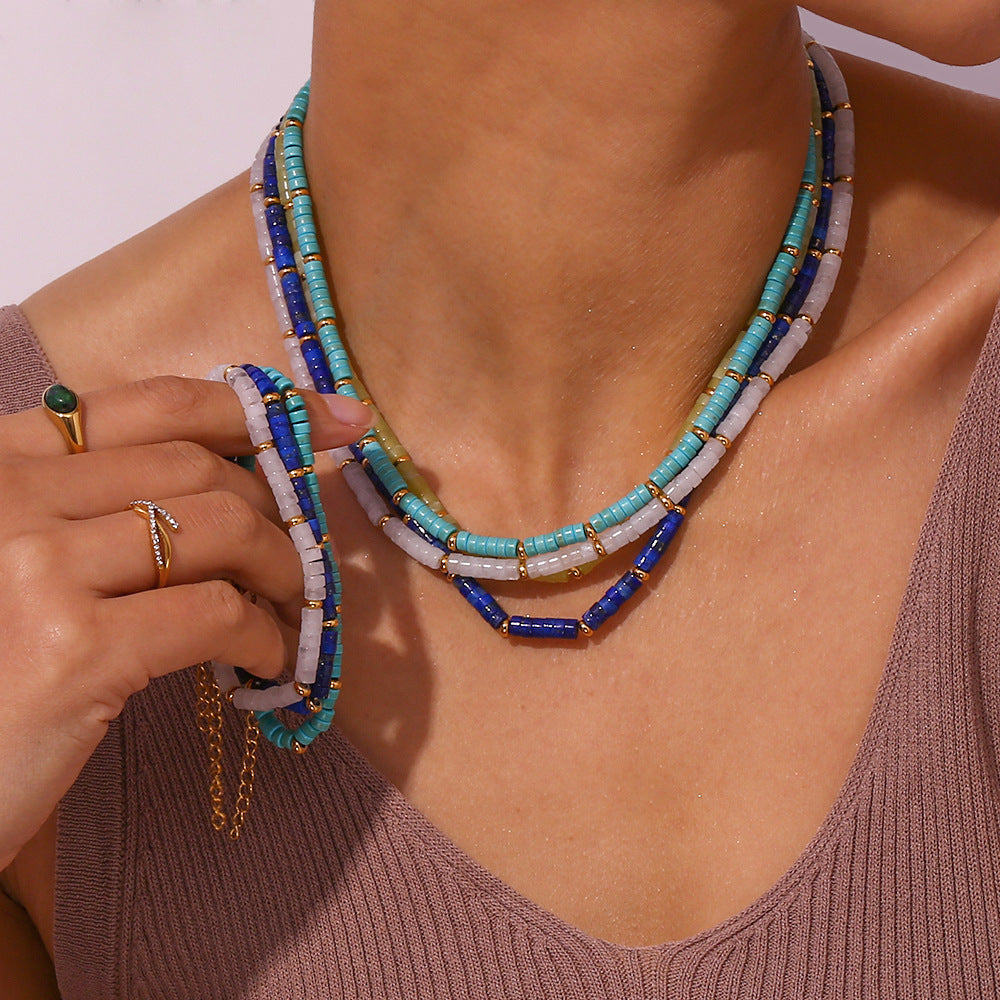 Set Collana e Bracciale da Donna con Perline in Pietra Naturale, Geometrico Minimalista