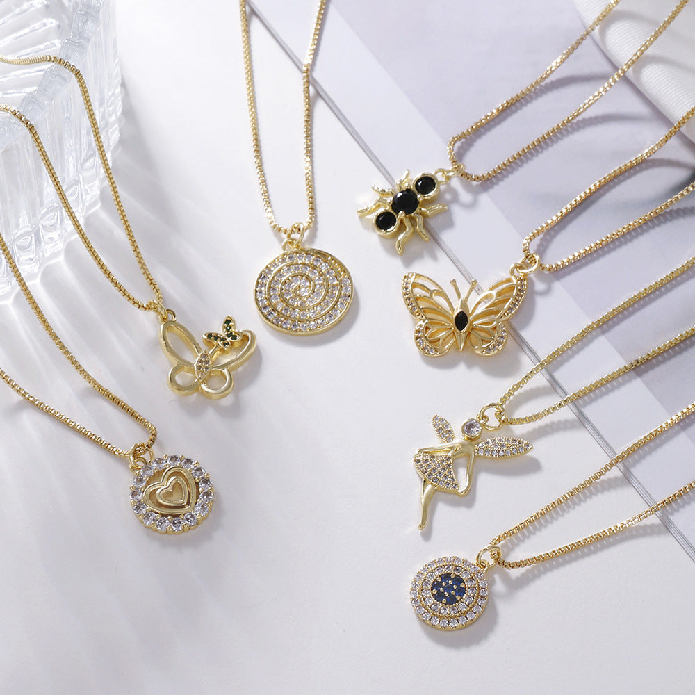 Brass Cubic Zirconia Butterfly Cross Dragonfly Heart Moon Pendant Necklace for Women with Box Chain