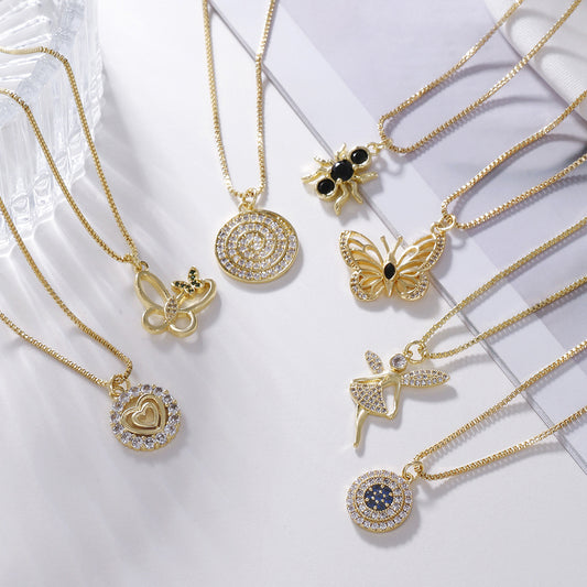 Brass Cubic Zirconia Butterfly Cross Dragonfly Heart Moon Pendant Necklace for Women with Box Chain