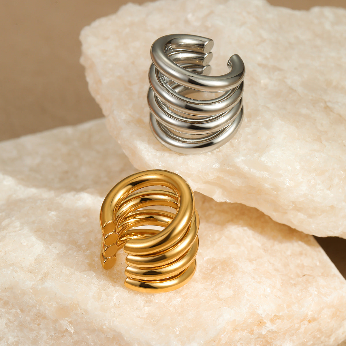 Pendientes de acero inoxidable en forma de C minimalistas para orejas sin perforar, joyería de moda multicapa
