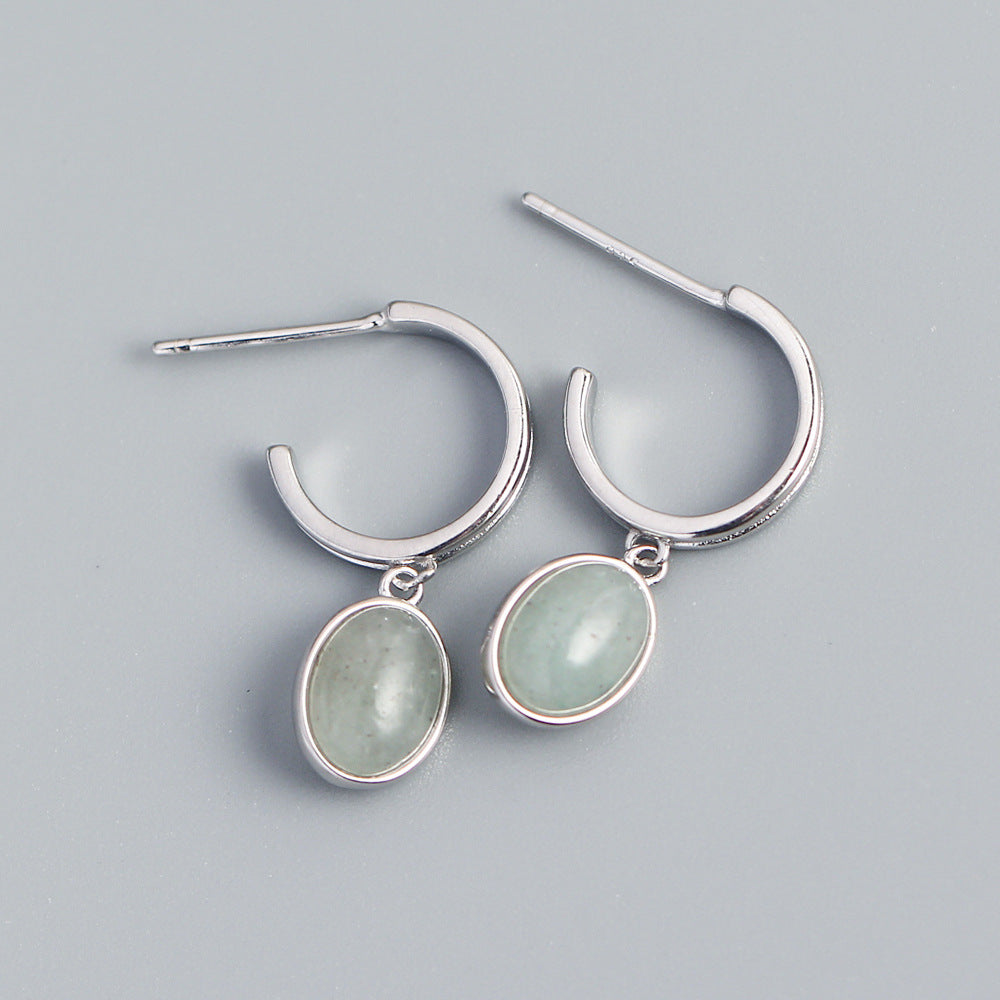 Minimalist Vintage S925 Sterling Silver Geometric C-Shaped Aventurine Inlay Earrings