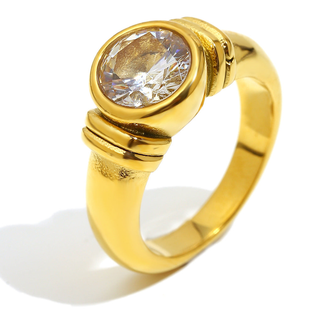 Anello da donna in acciaio inossidabile geometrico minimalista con placcatura in oro 18 carati e zirconi