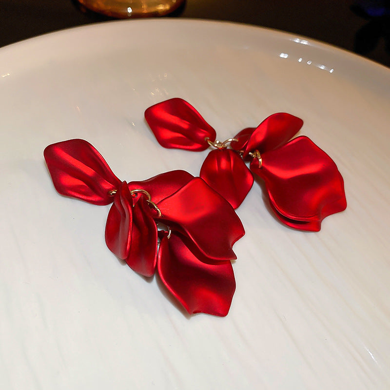 Elegant Geometric Dangle Stud Earrings for Women with Red Tassels, Alloy Base and Gold Plated Finish