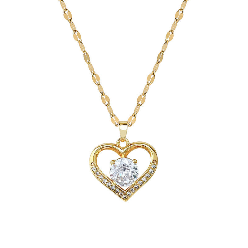 Minimalist Sweet Heart Geometric Titanium Steel Necklace with Rhinestone Inlay Brass Pendant for Women