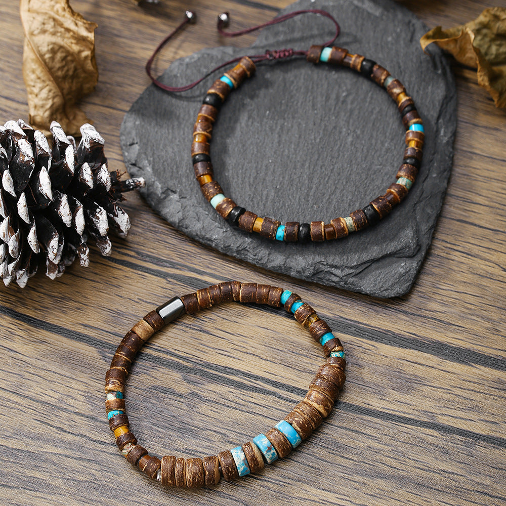 Bohemian Ethnic Geometric Wood Turquoise Beaded Stretch Bracelet for Men and Women