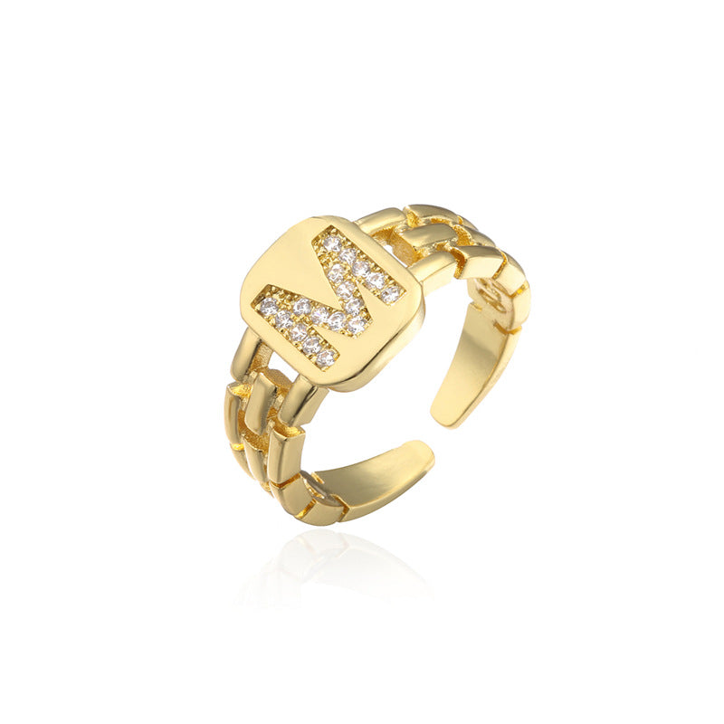 Minimalist Letter Shape Copper Ring with Micro-Pavé Setting Adjustable Geometric Band