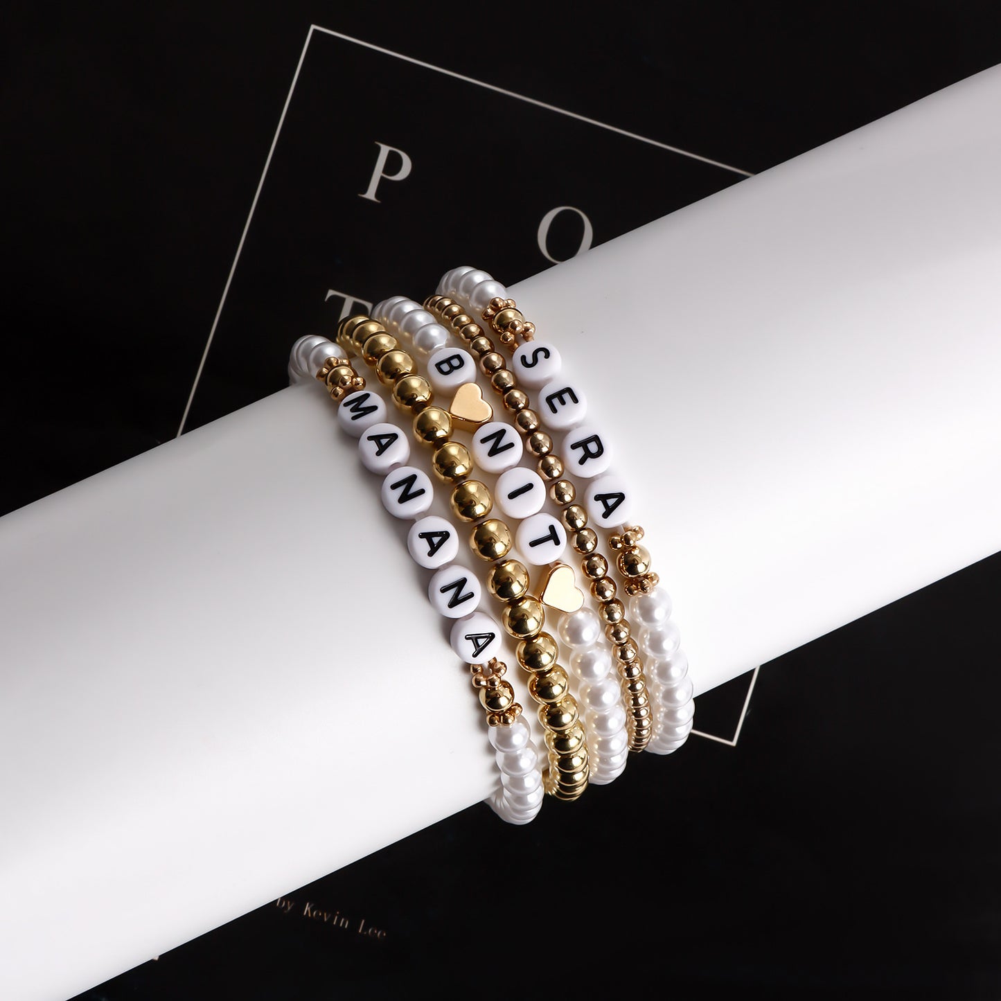 Geometric Style Gold-Plated Fake Pearl Letter Bracelet Set for Women, Music Festival and Concert Fan Gift