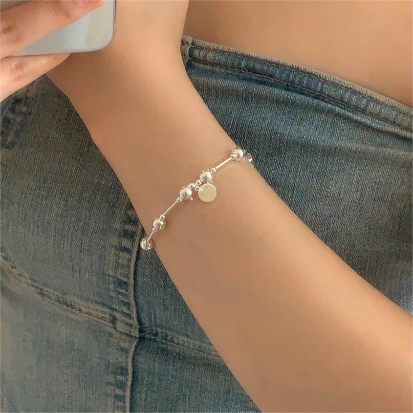 Minimalist Geometric Round Bead Elastic Bracelet in 925 Sterling Silver with Chamfered Square Beads
