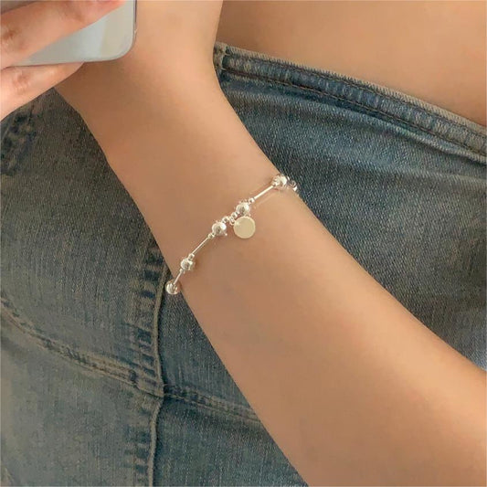Bracciale elastico minimalista geometrico con perline tonde in argento sterling 925 con perline quadrate smussate