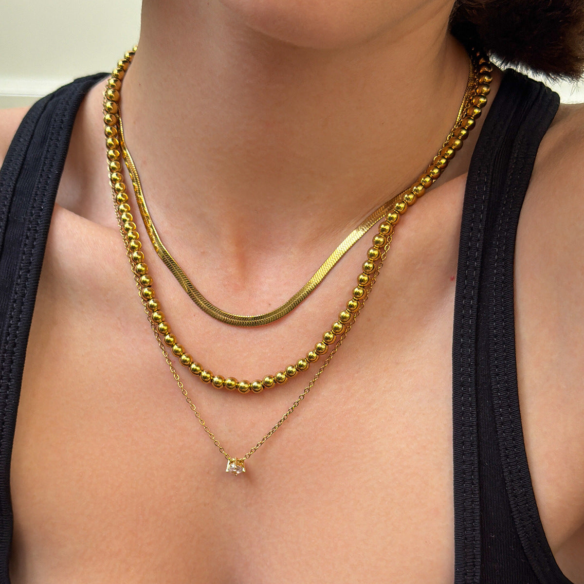 18K Gold Plated Stainless Steel Geometric Cubic Zirconia Pendant Snake Chain Necklace for Women