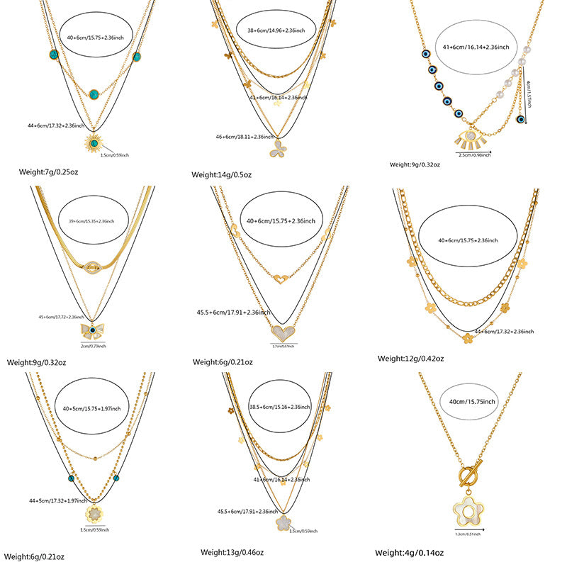 Vintage Fashion Stainless Steel Multi-Layer Irregular Heart Floral Bow Pendant Necklace