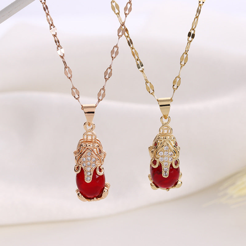 Red Lucky Pixiu Pendant Necklace for Women in Titanium Steel with 18K Gold Plating on Wavy Chain