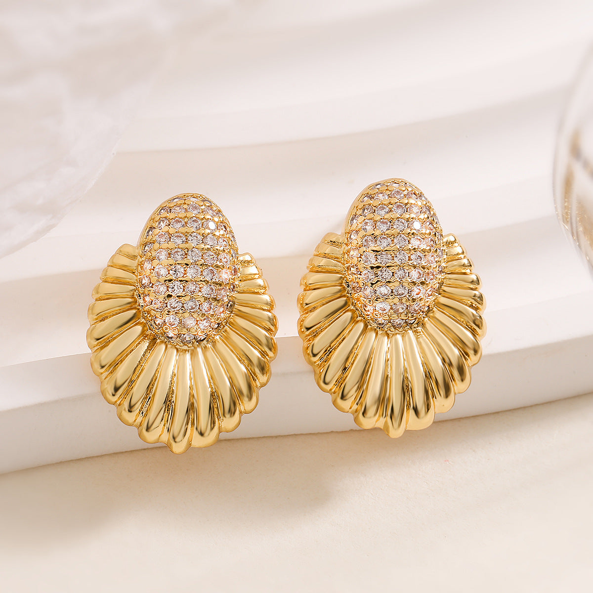 Minimalist Geometric Stud Earrings for Women with Cubic Zirconia Inlay in Copper Plated with 18K Gold Vintage Finish