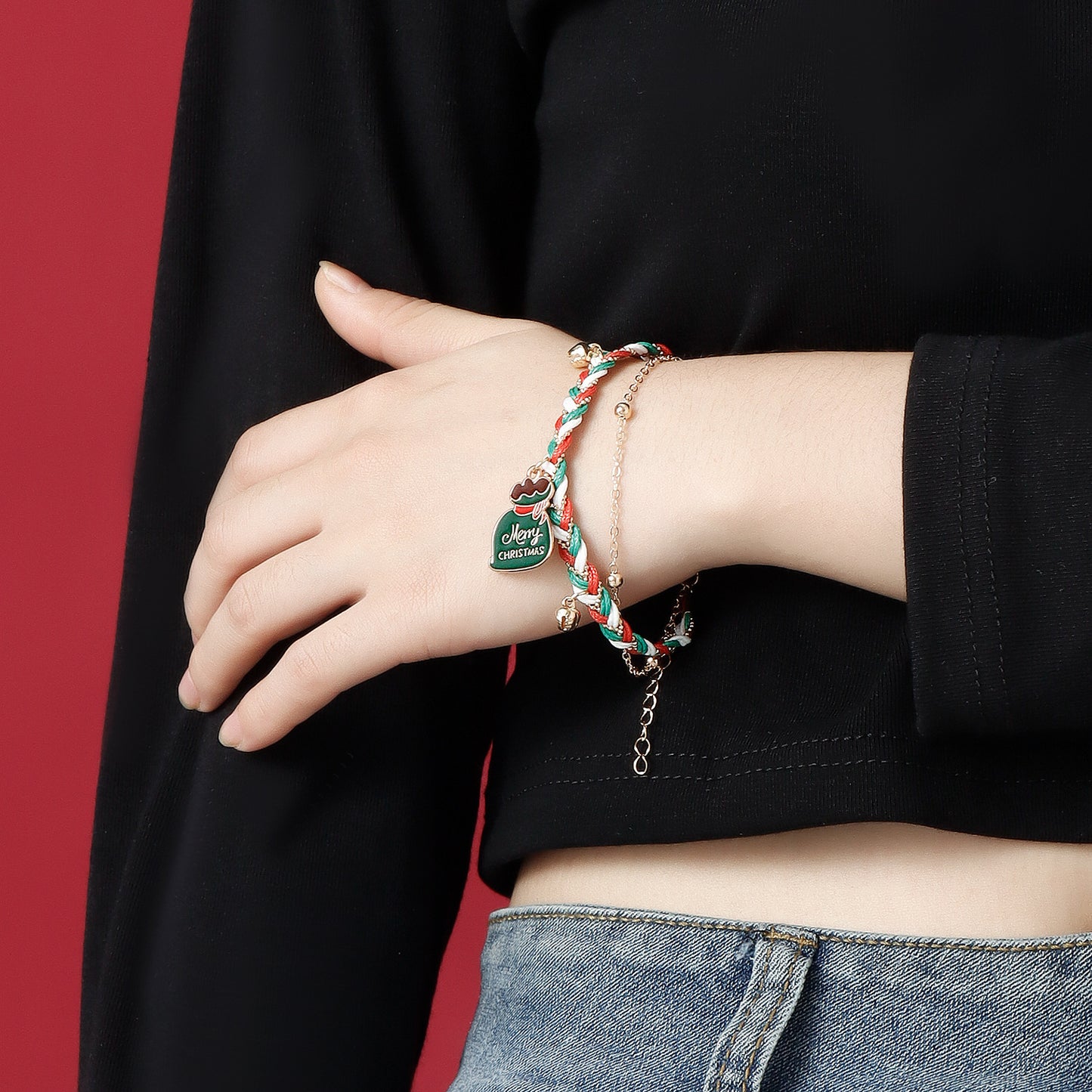 Handmade Christmas Bracelet with Santa Hat Charm, Colorful Two-Tone Braided Cord, Geometric and Cartoon Design, Electroplated Finish