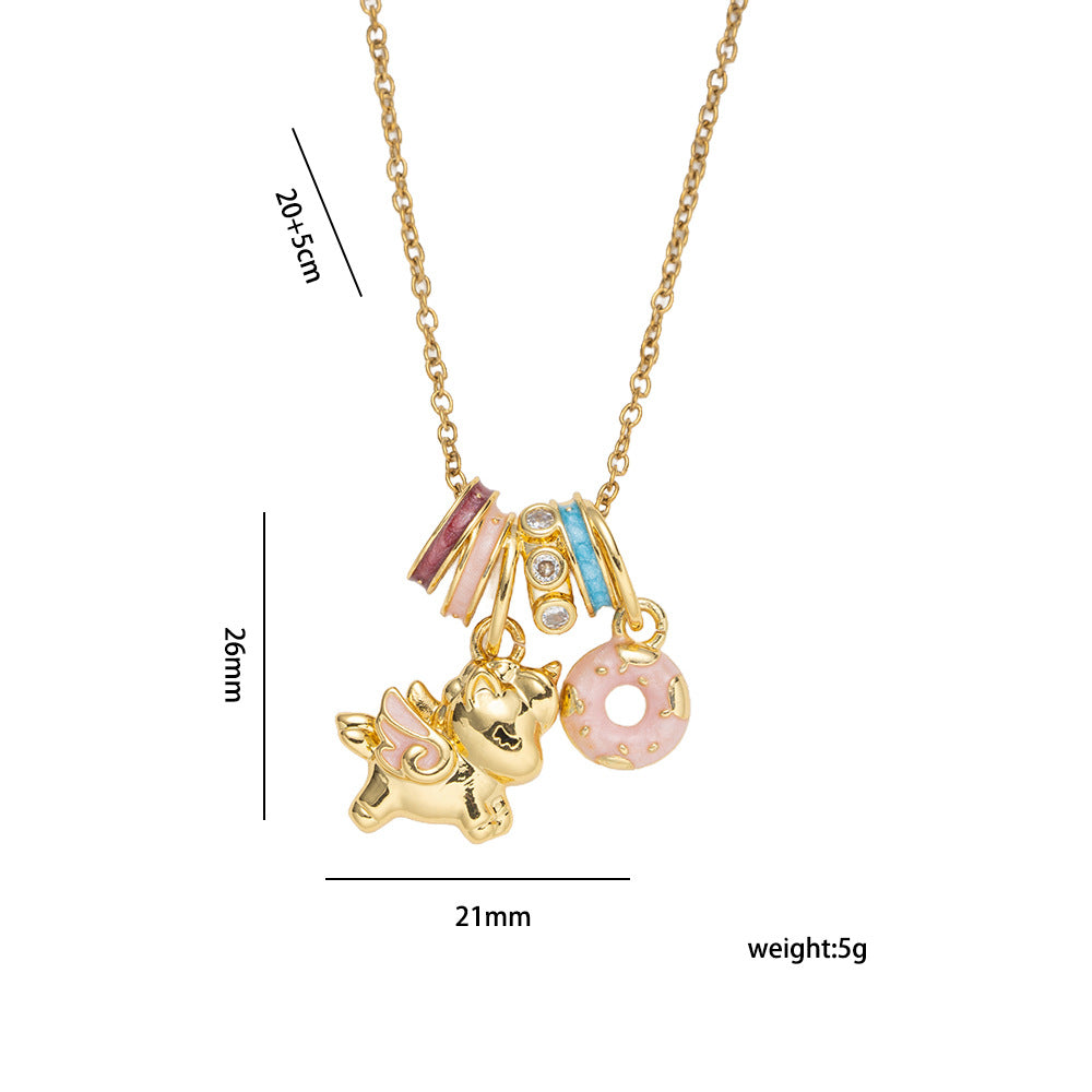 Enamel Unicorn Pendant Necklace for Women with Titanium Steel Chain and Zircon Inlay in Cute Cartoon Style