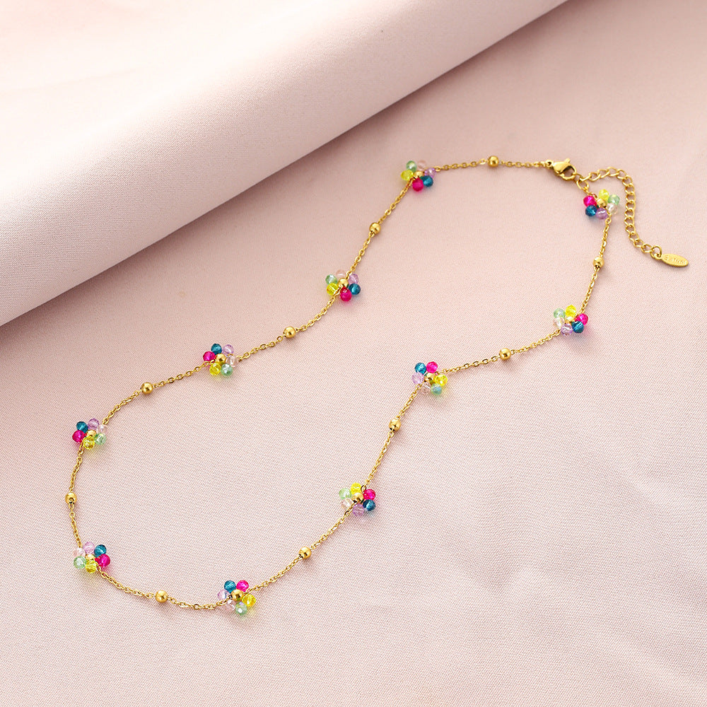 Dulce Collar Colgante de Pétalo de Cristal Floral Fresco para Mujer en Acero de Titanio con Acabado Chapado y Cadena de Eslabones
