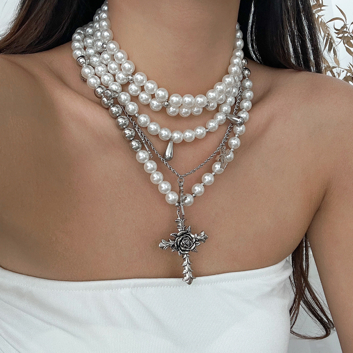 Exaggerated Thorny Rose Cross Pendant Necklace for Women with Alloy Pendant and Imitation Pearl Beads on Ball Chain