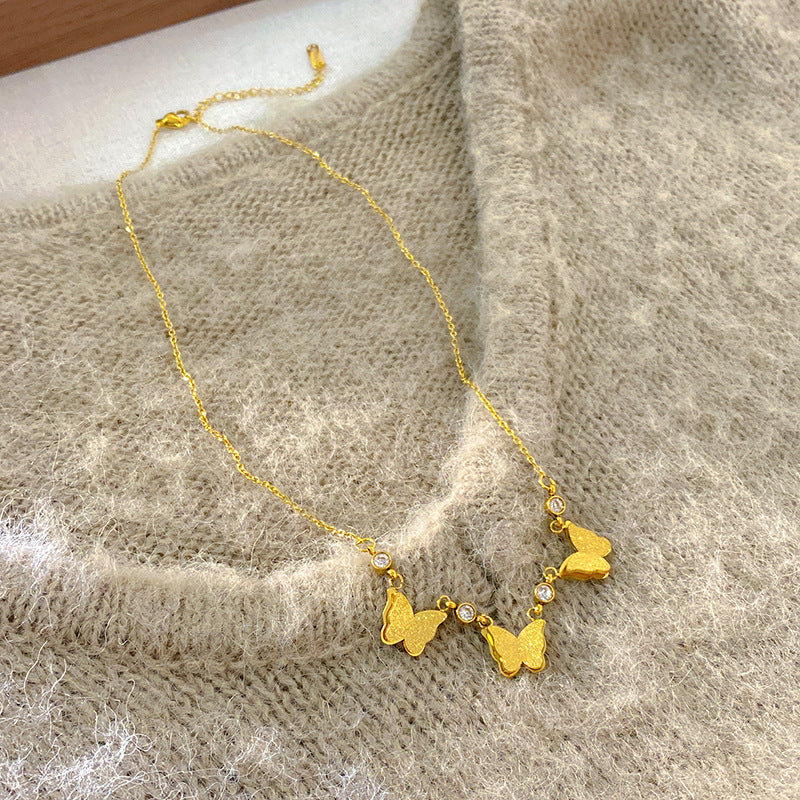 Vintage Matte Titanium Steel Butterfly Necklace with Cubic Zirconia Inlay