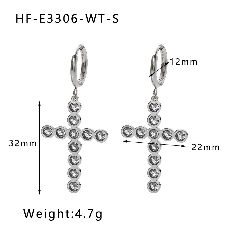 Ins Style Geometric Stainless Steel Cross Stud Earrings with Green Black Colorful or White Zircon Inlay Plated for Women