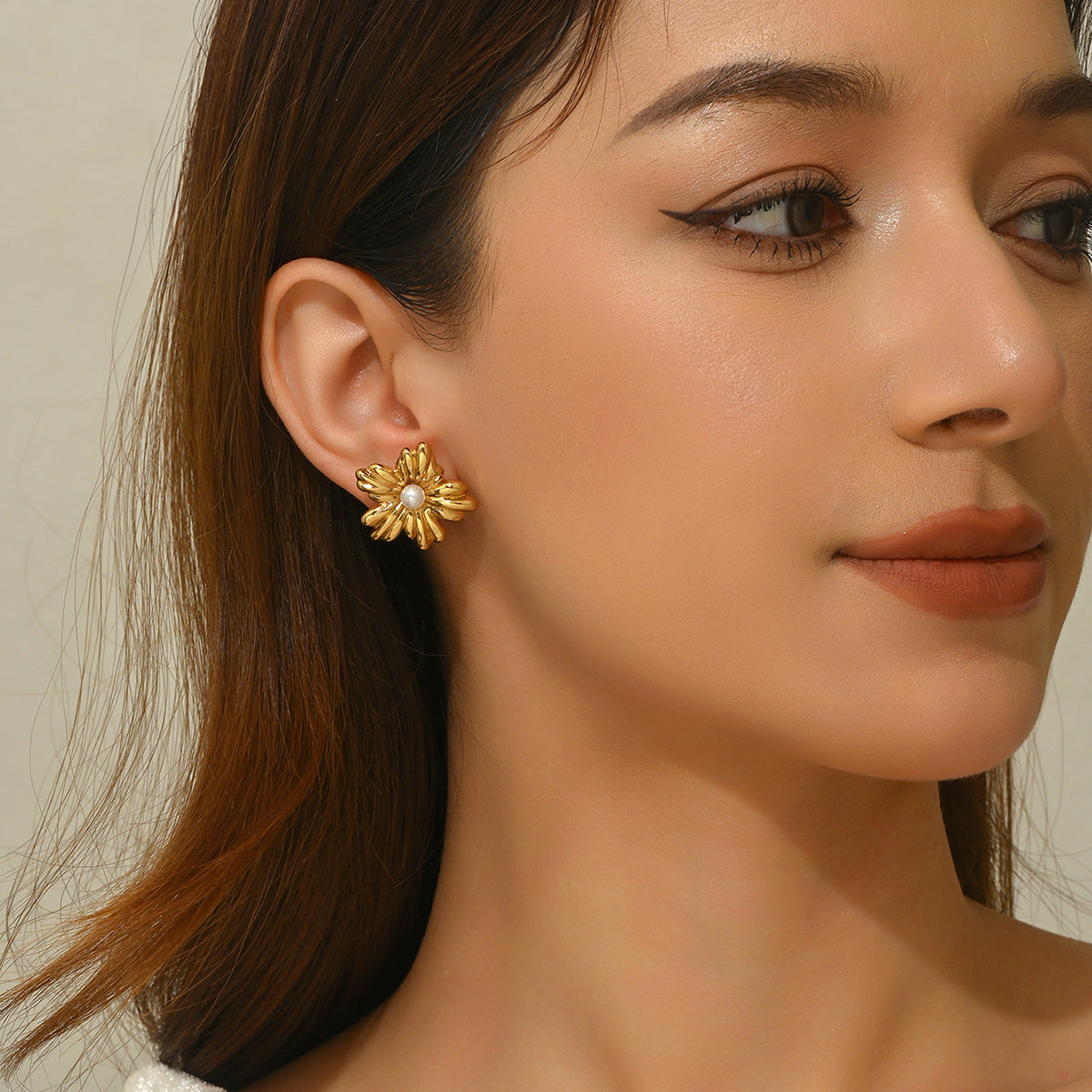 Vintage Elegant Floral Stamped Stainless Steel Earrings with Pearl