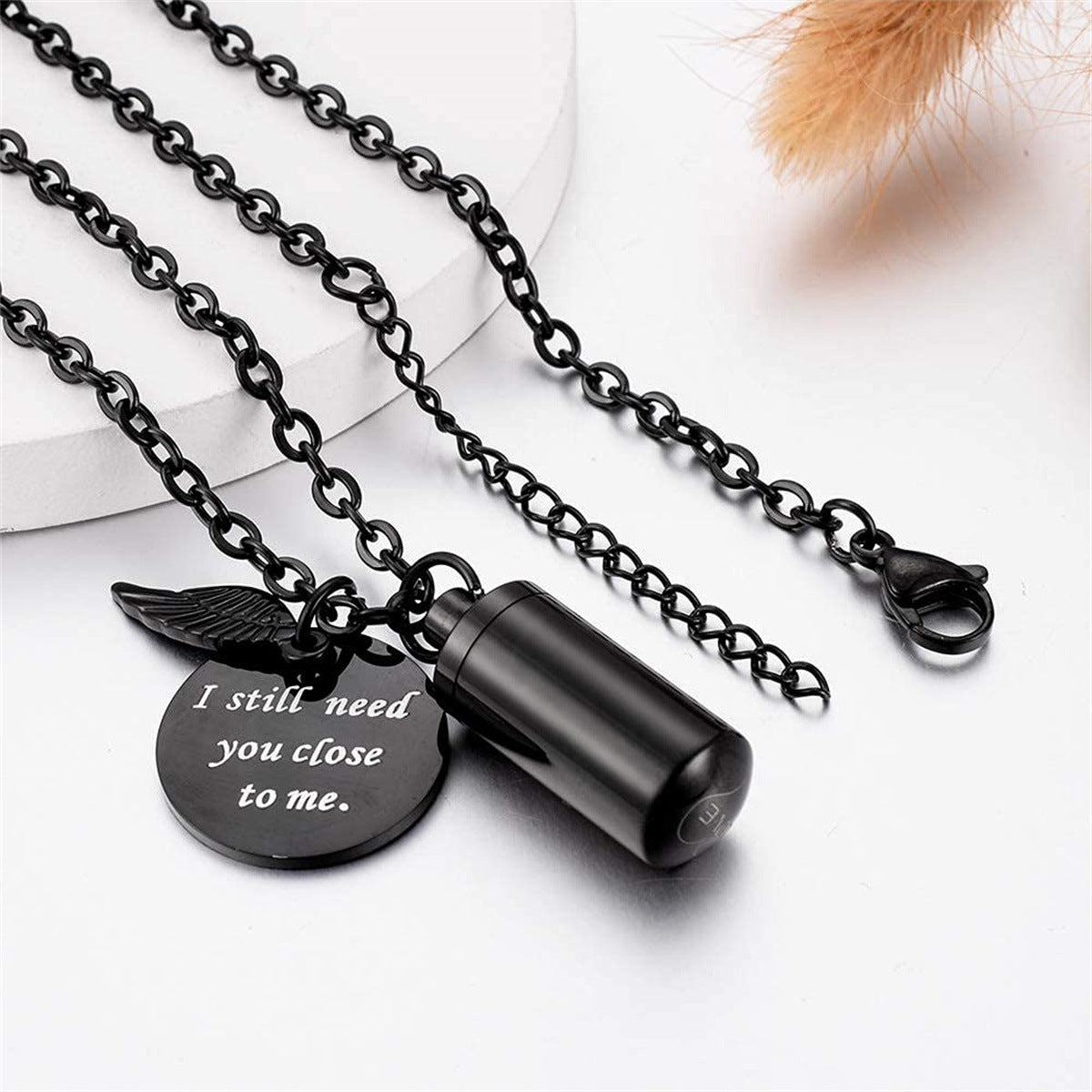 Personalized Stainless Steel Angel Wing Pendant Necklace with Hollow Cylinder Design for Pet Memorial Keepsake Unisex