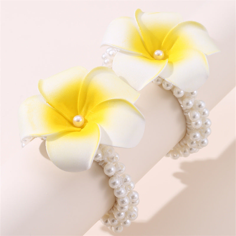 Anello per Capelli in Tessuto Bicolore Color Crema Minimalista e Carino con Perla Artificiale e Fiore di Frangipane per Bambini