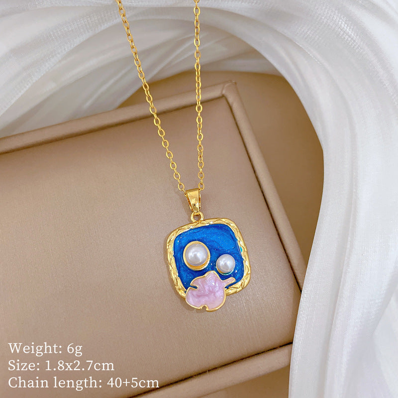 Vintage Sweet Geometric Moon Rhinestone Pendant Necklace Titanium Steel Cable Chain for Unisex