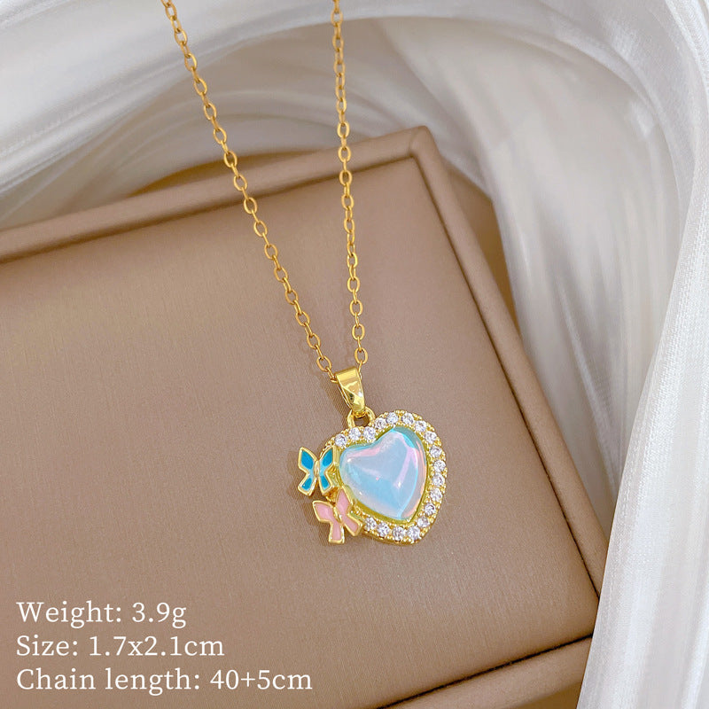 Sweet Colorful Heart Butterfly Geometric Rhinestone Pendant Titanium Steel Necklace for Unisex