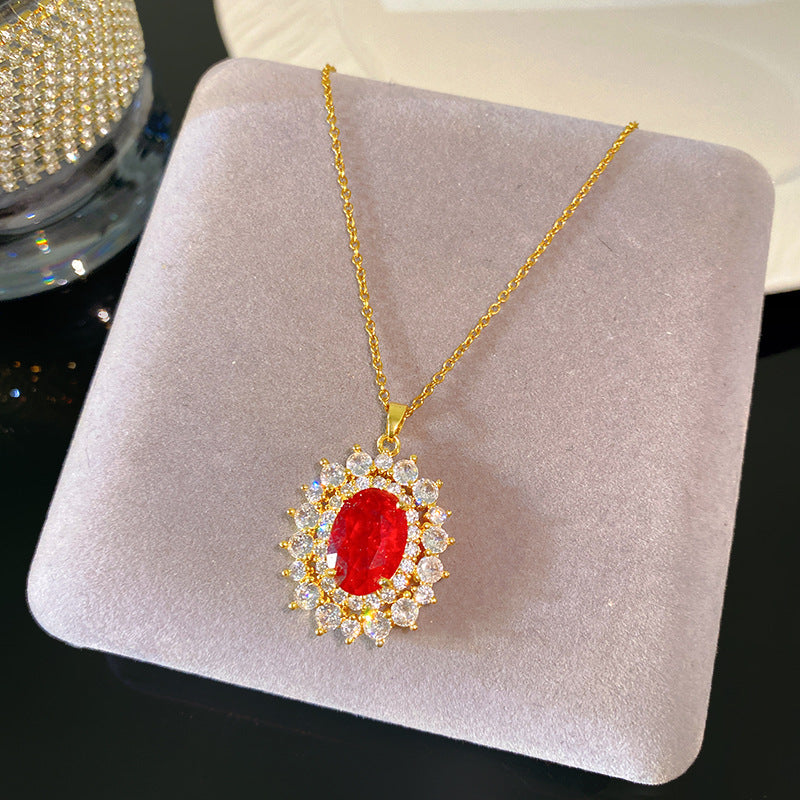 Elegant Sweet Sporty Oval Heart Gold Plated Titanium Steel Necklace with Red Cubic Zirconia Inlay and Brass Pendant