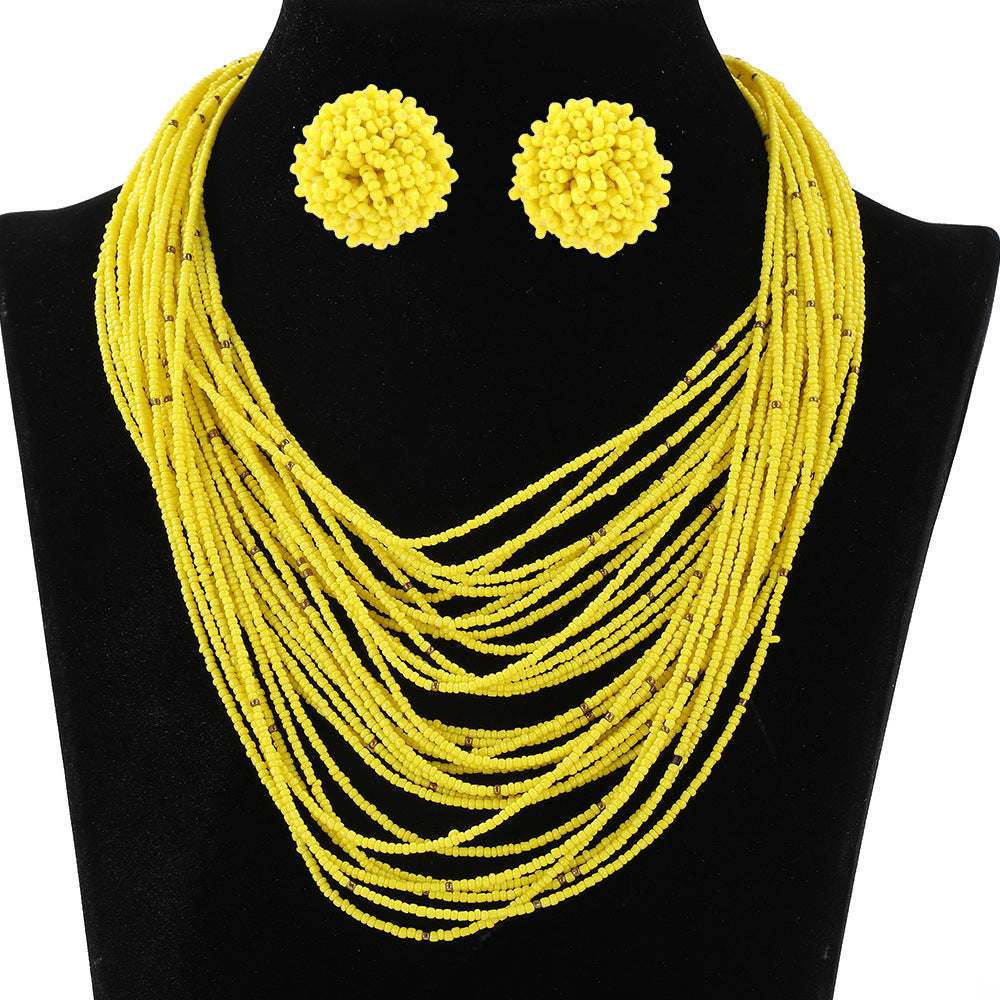 Bohemian Multi-Layer Glass Seed Bead Necklace and Earrings Set for Women with Line Pattern and Ethnic Design