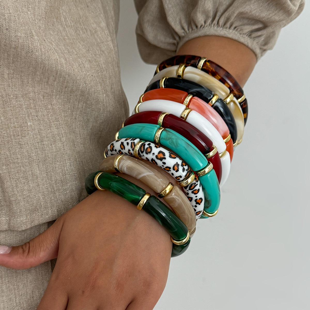 Vintage Geometric Marble Texture Leopard Print Acrylic Elastic Bracelet for Women
