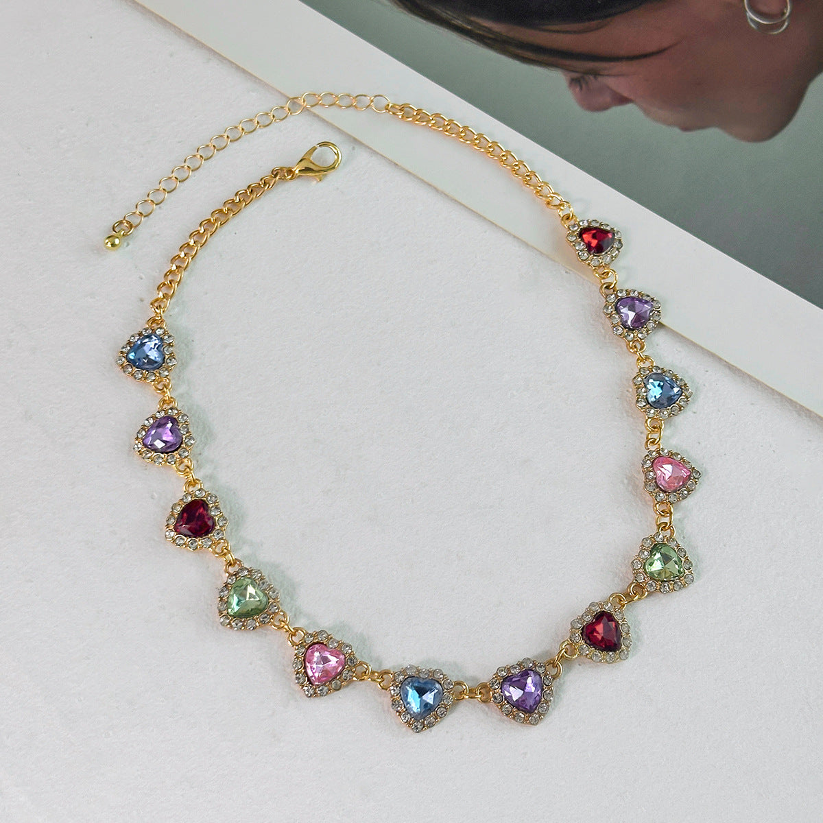 Minimalist Heart-Shaped Alloy Necklace with Acrylic Rhinestones Geometric Pendant for Women