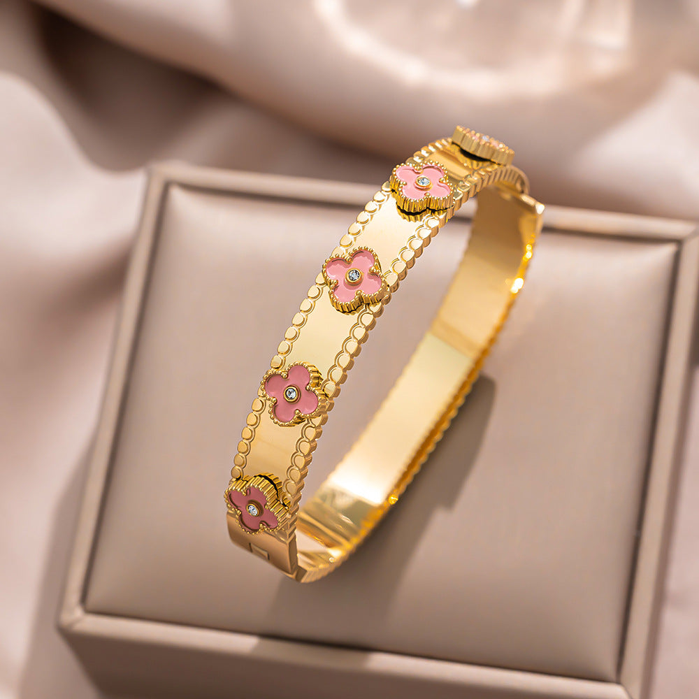 Bracciale Minimalista in Acciaio Inossidabile da Donna con Placcatura in Acciaio al Titanio e Intarsio di Strass a Forma Geometrica Ovale