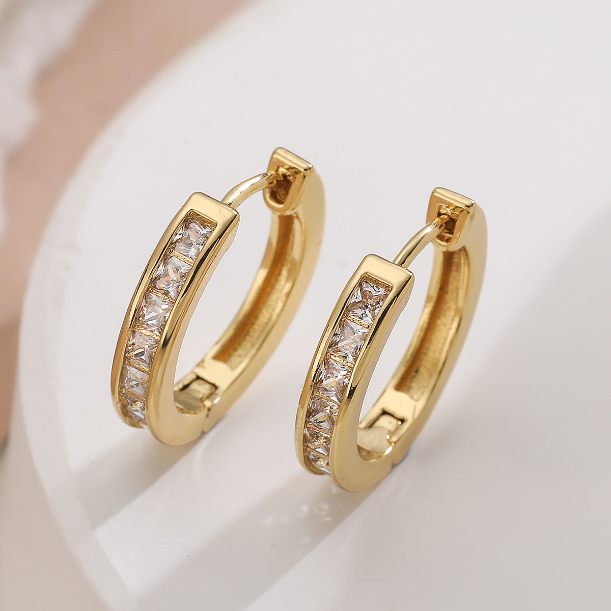 Minimalist Geometric Brass Plated Hoop Earrings with Cubic Zirconia for Women