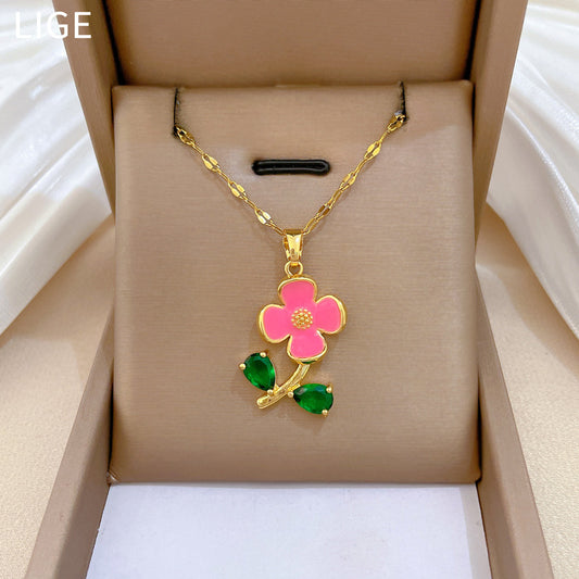 Sweet Elegant Geometric Floral Drip Oil Rhinestone Pendant Necklace Titanium Steel Cable Chain Unisex