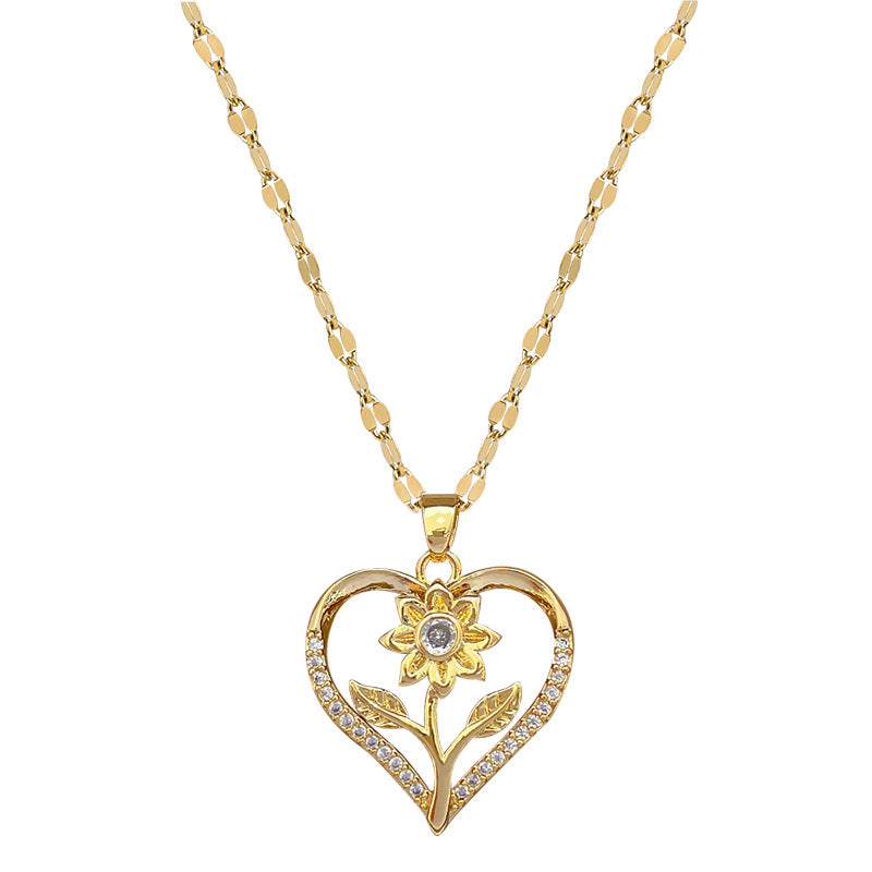 Elegant Heart-Shaped Rose Gold Plated Stainless Steel Necklace with Rhinestone Accents for Women, Delicate Clavicle Chain