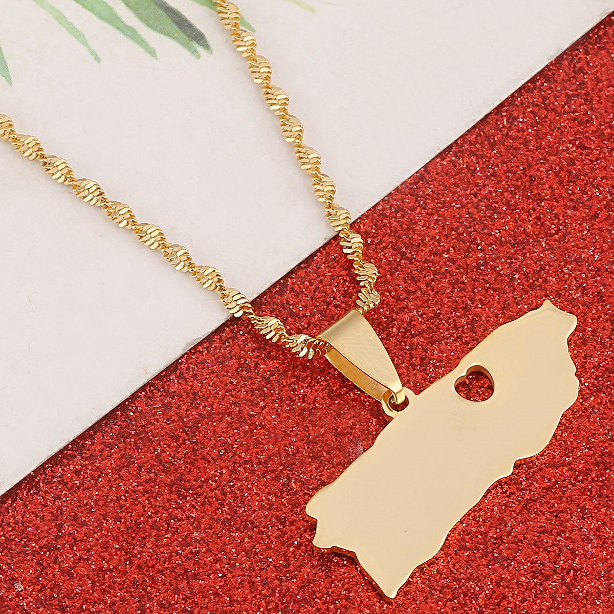 Minimalist Geometric Puerto Rico Map Pendant Necklace for Men and Women in Stainless Steel with Enamel Finish