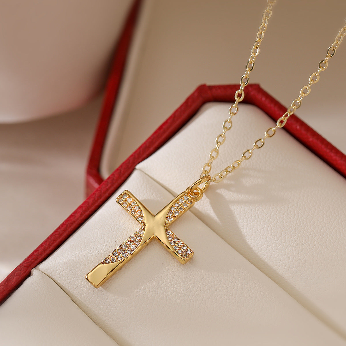 Minimalist Cross Pendant Necklace for Women with Copper Base and 18K Gold Plating, Micro-Pave Zirconia, Geometric Design Locket Chain